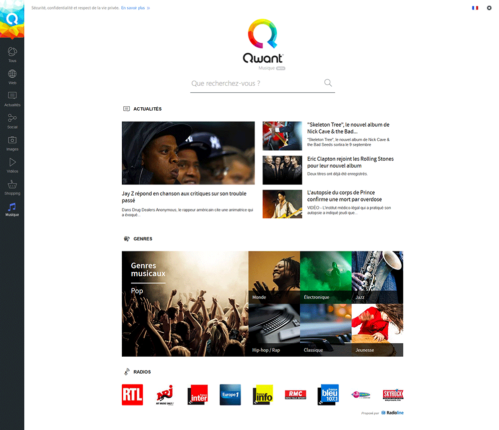 Page d'accueil Qwant Musique